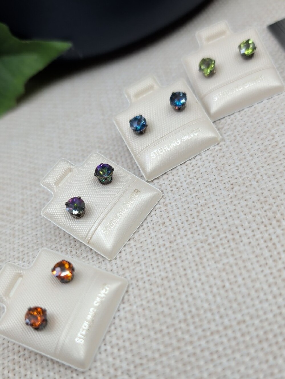Vintage 925 Sterling Silver Multicolor Crystal Stud Earrings Set of 4